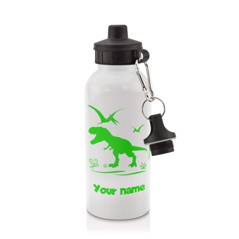 in White (600ml) with Screw Cap with Dinosaur Icon Bright Green (Optional Personalised Gift Text)