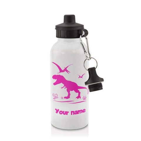 in White (600ml) with Screw Cap with Dinosaur Icon Fuchsia Pink (Optional Personalised Gift Text)