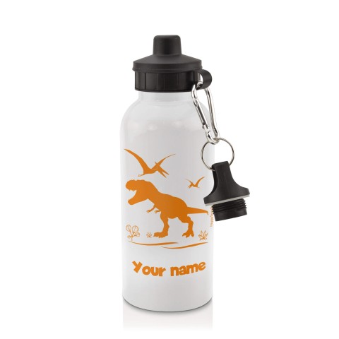 in White (600ml) with Screw Cap with Dinosaur Icon Orange (Optional Personalised Gift Text)