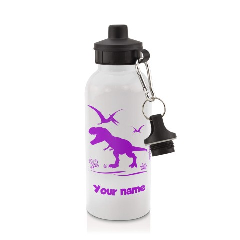 in White (600ml) with Screw Cap with Dinosaur Icon Purple (Optional Personalised Gift Text)