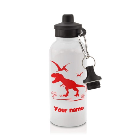 in White (600ml) with Screw Cap with Dinosaur Icon Red (Optional Personalised Gift Text)