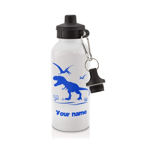 in White (600ml) with Screw Cap with Dinosaur Icon Royal Blue (Optional Personalised Gift Text)