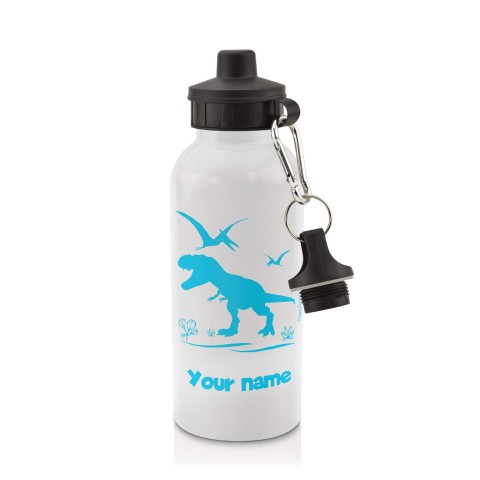 in White (600ml) with Screw Cap with Dinosaur Icon Sky Blue (Optional Personalised Gift Text)