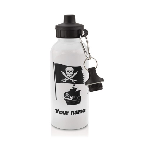 in White (600ml) with Screw Cap (Pirate Flag Icon) Black (Optional Personalised Gift Text)