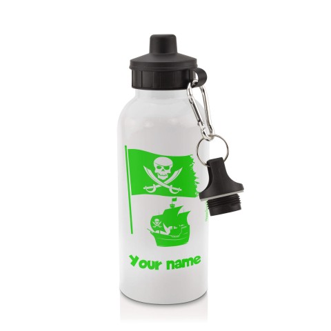 in White (600ml) with Screw Cap (Pirate Flag Icon) Bright Green (Optional Personalised Gift Text)