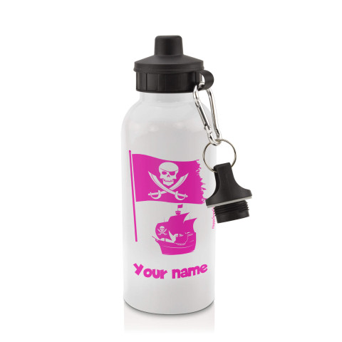 in White (600ml) with Screw Cap (Pirate Flag Icon) Fuchsia Pink (Optional Personalised Gift Text)
