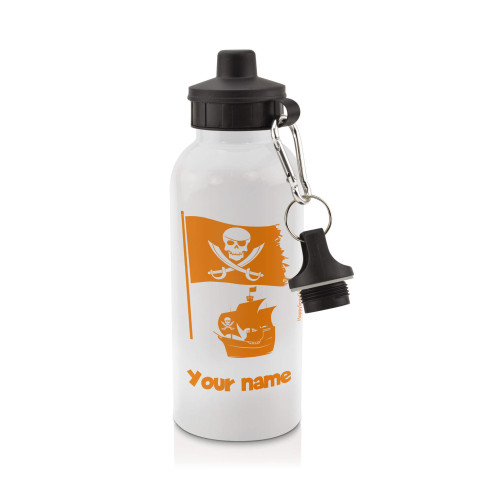 in White (600ml) with Screw Cap (Pirate Flag Icon) Orange (Optional Personalised Gift Text)