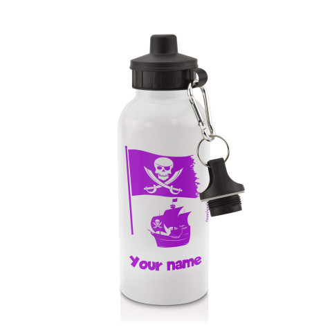 in White (600ml) with Screw Cap (Pirate Flag Icon) Purple (Optional Personalised Gift Text)