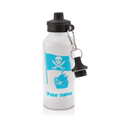 in White (600ml) with Screw Cap (Pirate Flag Icon) Sky Blue (Optional Personalised Gift Text)