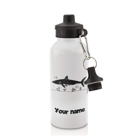 in White (600ml) with Screw Cap (Shark Icon) Black (Optional Personalised Gift Text)