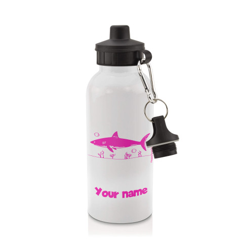 in White (600ml) with Screw Cap (Shark Icon) Fuchsia Pink (Optional Personalised Gift Text)