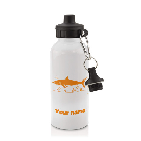 in White (600ml) with Screw Cap (Shark Icon) Orange (Optional Personalised Gift Text)