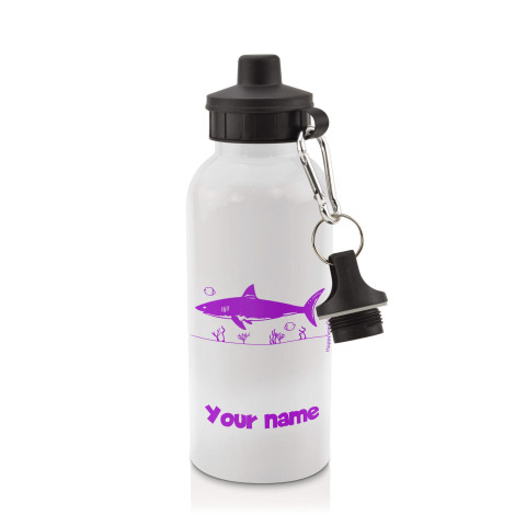 in White (600ml) with Screw Cap (Shark Icon) Purple (Optional Personalised Gift Text)