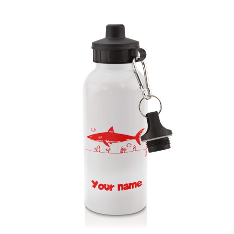 in White (600ml) with Screw Cap (Shark Icon) Red (Optional Personalised Gift Text)