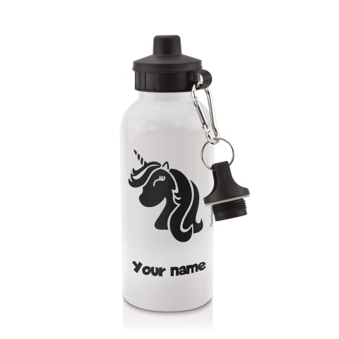 in White (600ml) with Screw Cap (Unicorn Icon) Black (Optional Personalised Gift Text)