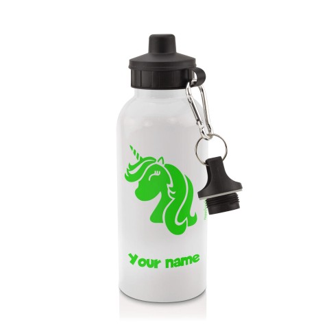 in White (600ml) with Screw Cap (Unicorn Icon) Bright Green (Optional Personalised Gift Text)