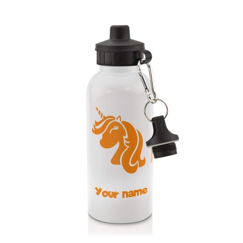 in White (600ml) with Screw Cap (Unicorn Icon) Orange (Optional Personalised Gift Text)