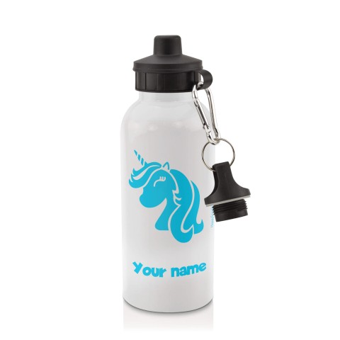 in White (600ml) with Screw Cap (Unicorn Icon) Sky Blue (Optional Personalised Gift Text)
