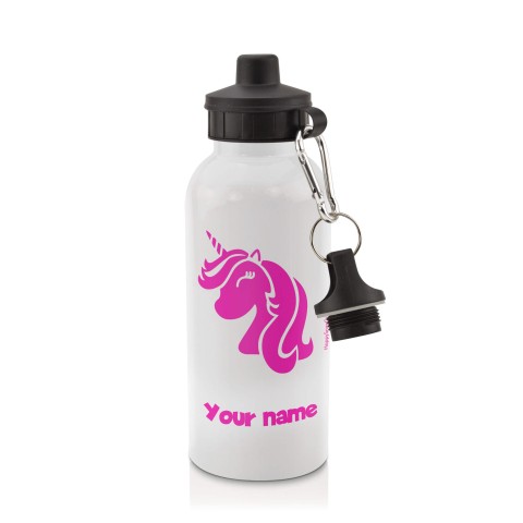 in White (600ml) with Screw Cap (Unicorn Icon) Fuchsia Pink (Optional Personalised Gift Text)