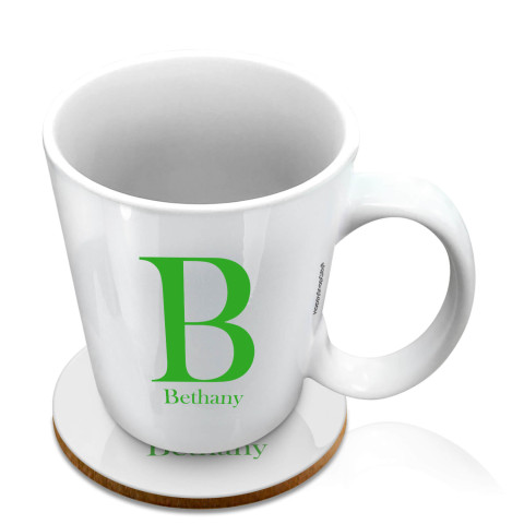 (10oz White) Bright Green (Optional Personalised Gift Text) with 1 matching Circular Coaster