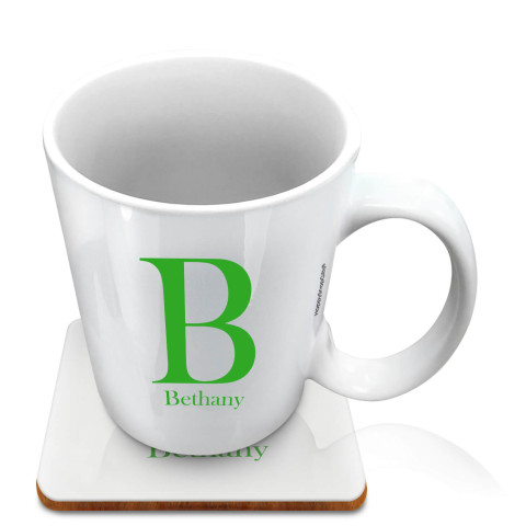 (10oz White) Bright Green (Optional Personalised Gift Text) with 1 matching Square Coaster