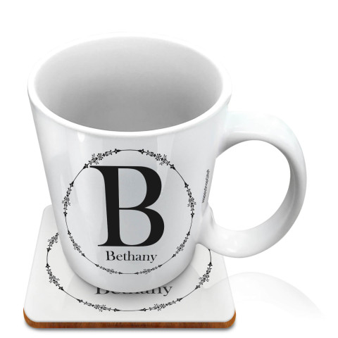 (10oz White) with Circular Ring Theme Black (Optional Personalised Gift Text) with 1 matching Square Coaster