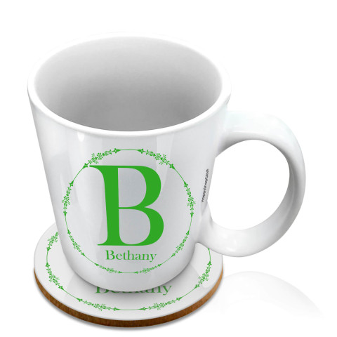 (10oz White) with Circular Ring Theme Bright Green (Optional Personalised Gift Text) with 1 matching Circular Coaster