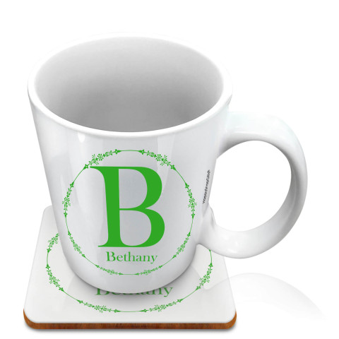 (10oz White) with Circular Ring Theme Bright Green (Optional Personalised Gift Text) with 1 matching Square Coaster