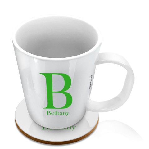 (11oz White) Bright Green (Optional Personalised Gift Text) with 1 matching Circular Coaster