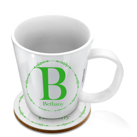 (11oz White) with Circular Ring Theme Bright Green (Optional Personalised Gift Text) with 1 matching Circular Coaster