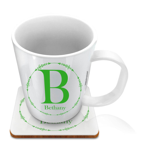 (11oz White) with Circular Ring Theme Bright Green (Optional Personalised Gift Text) with 1 matching Square Coaster
