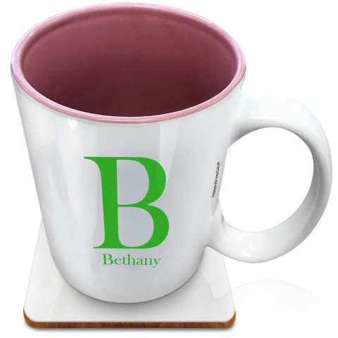 (XL 15oz Pink) Bright Green (Optional Personalised Gift Text) with 1 matching Square Coaster