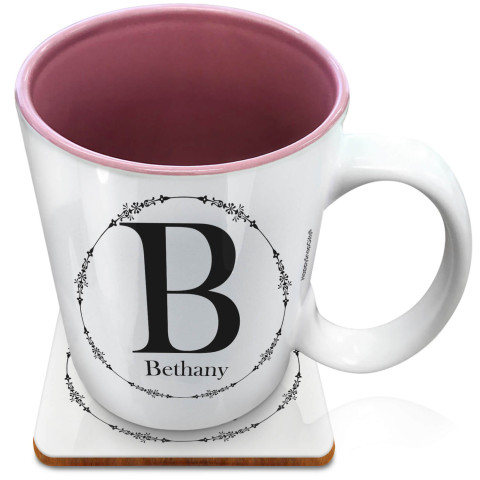 (XL 15oz Pink) with Circular Ring Theme Black (Optional Personalised Gift Text) with 1 matching Square Coaster