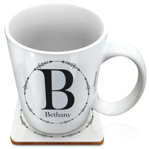 (XL 15oz White) with Circular Ring Theme Black (Optional Personalised Gift Text) with 1 matching Square Coaster