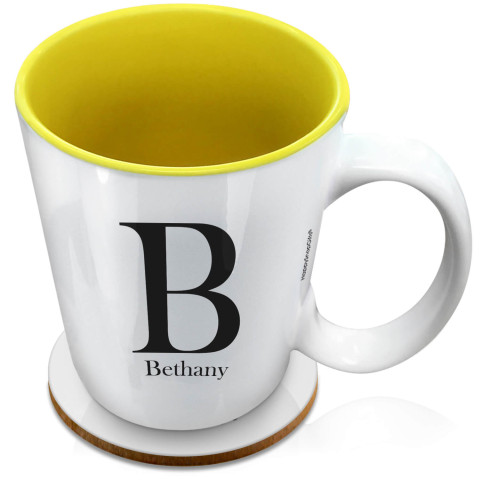 (XL 15oz Yellow) Black (Optional Personalised Gift Text) with 1 matching Circular Coaster