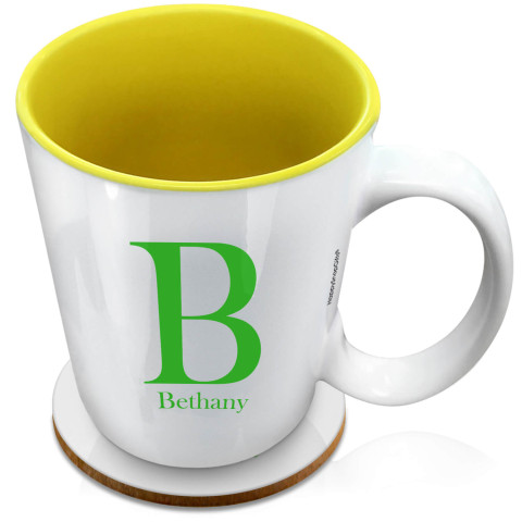 (XL 15oz Yellow) Bright Green (Optional Personalised Gift Text) with 1 matching Circular Coaster