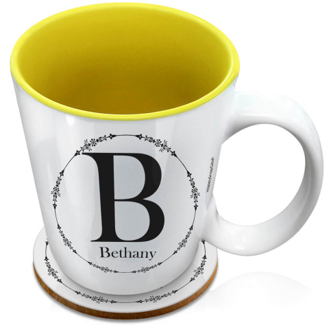 (XL 15oz Yellow) with Circular Ring Theme Black (Optional Personalised Gift Text) with 1 matching Circular Coaster