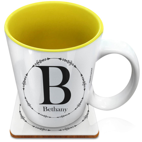(XL 15oz Yellow) with Circular Ring Theme Black (Optional Personalised Gift Text) with 1 matching Square Coaster