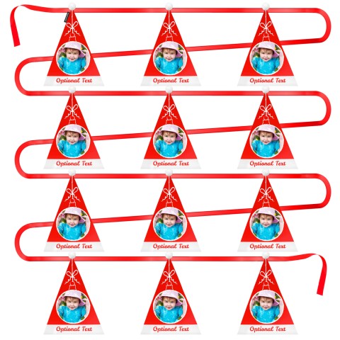 - 5 Metres with 12 Triangle Flags (28cm) Christmas Hat Design with Fluffy Bobble Mock Suede Polyester Fabric (Optional Personalised Gift Text)