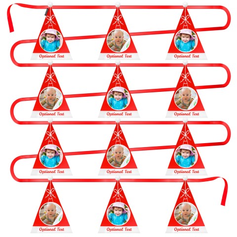 - 5 Metres with 12 Triangle Flags (28cm) Christmas Hat Design with Fluffy Bobble Mock Suede Polyester Fabric (Optional Personalised Gift Text)