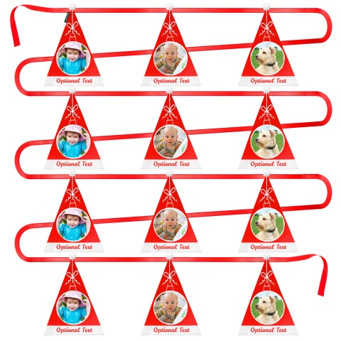 - 5 Metres with 12 Triangle Flags (28cm) Christmas Hat Design with Fluffy Bobble Mock Suede Polyester Fabric (Optional Personalised Gift Text)