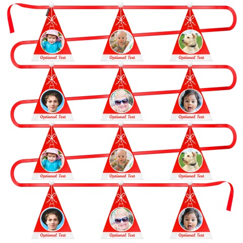 - 5 Metres with 12 Triangle Flags (28cm) Christmas Hat Design with Fluffy Bobble Mock Suede Polyester Fabric (Optional Personalised Gift Text)