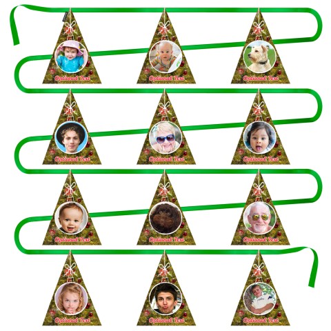 - 5 Metres with 12 Triangle Flags (28cm) with Festive Tree Design Mock Suede Polyester Fabric (Optional Personalised Gift Text)