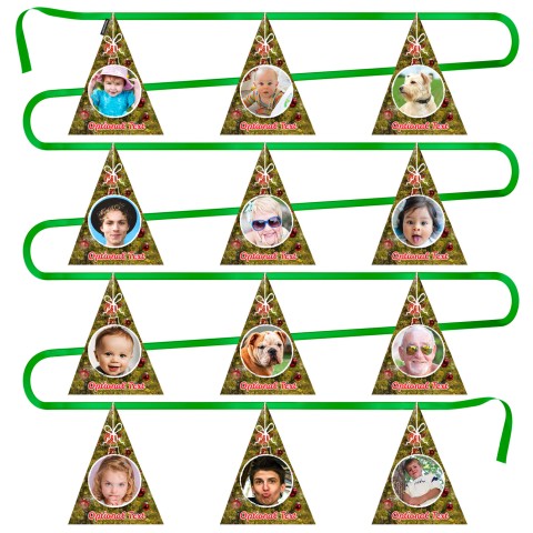 - 5 Metres with 12 Triangle Flags (28cm) with Festive Tree Design Mock Suede Polyester Fabric (Optional Personalised Gift Text)