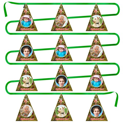 - 5 Metres with 12 Triangle Flags (28cm) with Festive Tree Design Mock Suede Polyester Fabric (Optional Personalised Gift Text)