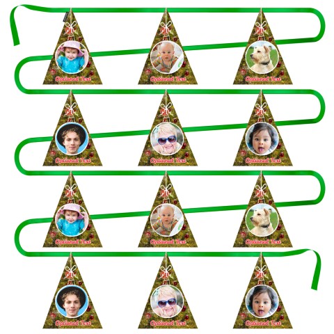 - 5 Metres with 12 Triangle Flags (28cm) with Festive Tree Design Mock Suede Polyester Fabric (Optional Personalised Gift Text)