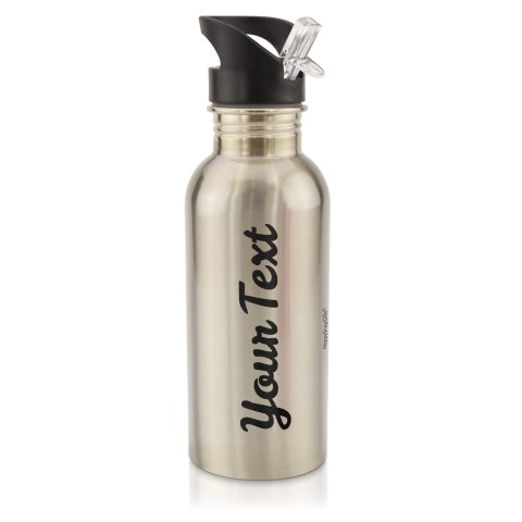 in Silver (600ml) with Drinking Straw - Black (Personalised with Text)