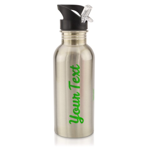 in Silver (600ml) with Drinking Straw - Bright Green (Personalised with Text)