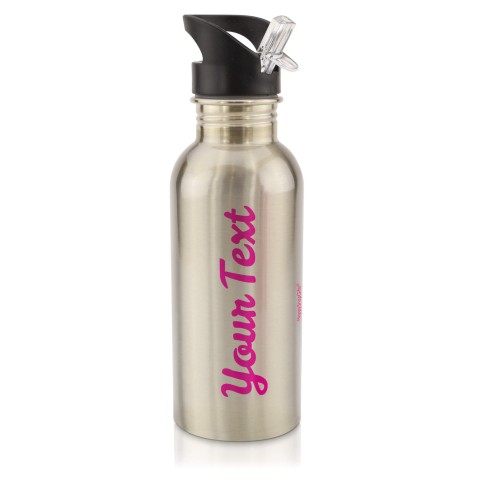 in Silver (600ml) with Drinking Straw - Fuchsia Pink (Personalised with Text)