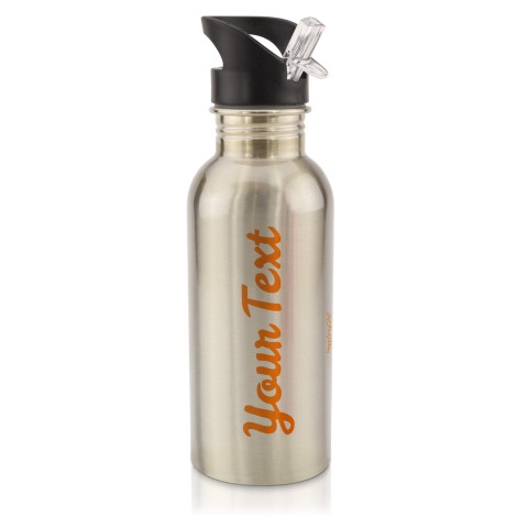 in Silver (600ml) with Drinking Straw - Orange (Personalised with Text)